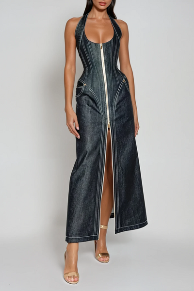 Neck Corset Denim Maxi Dress