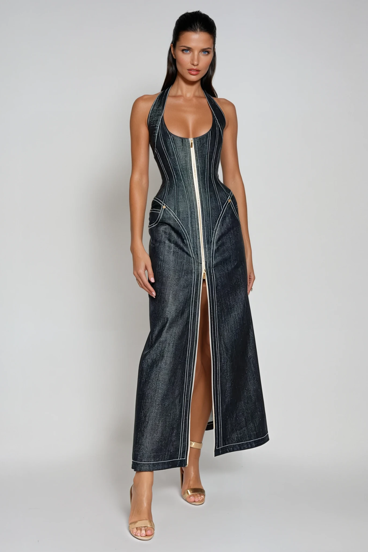 Neck Corset Denim Maxi Dress