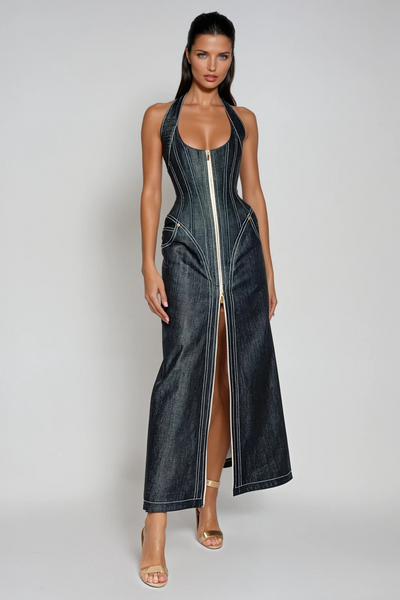 Neck Corset Denim Maxi Dress