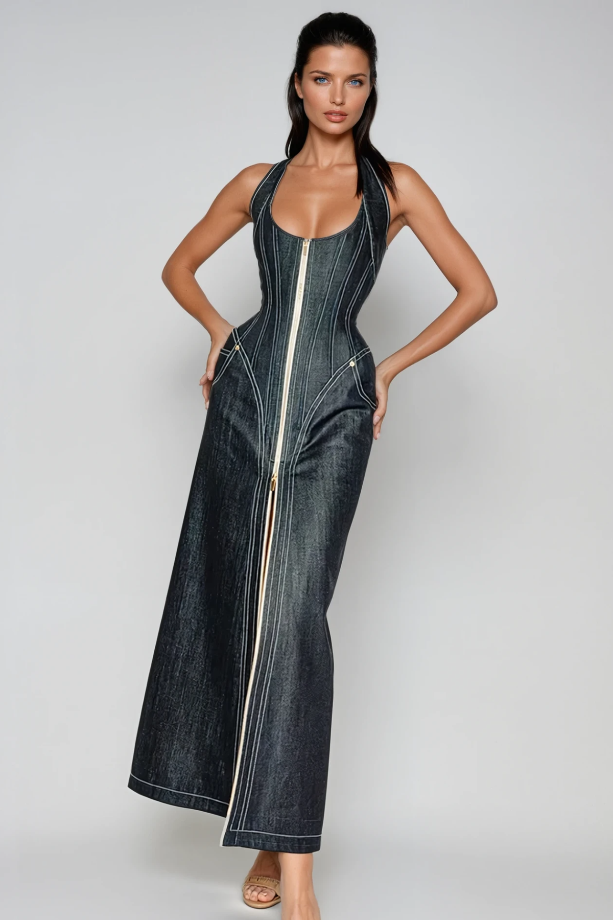 Neck Corset Denim Maxi Dress