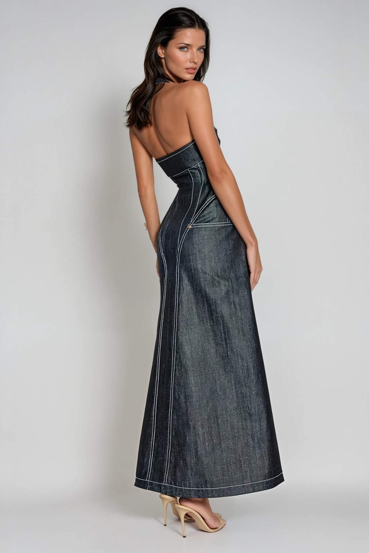 Neck Corset Denim Maxi Dress
