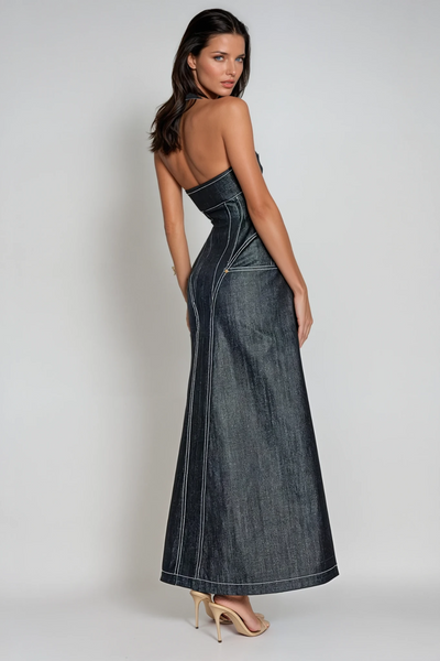 Neck Corset Denim Maxi Dress