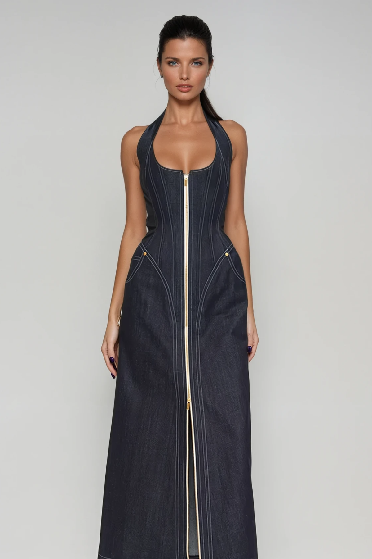 Neck Corset Denim Maxi Dress