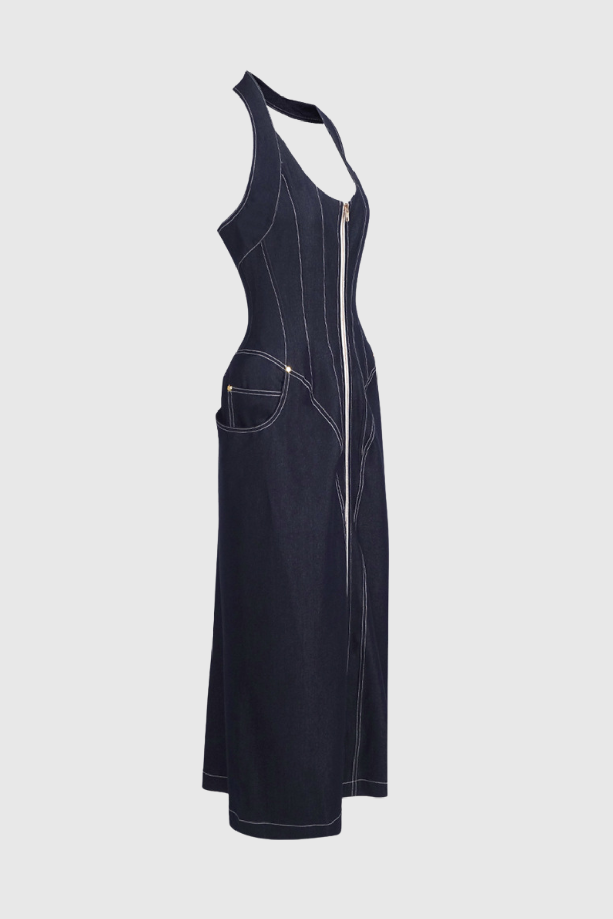 Neck Corset Denim Maxi Dress