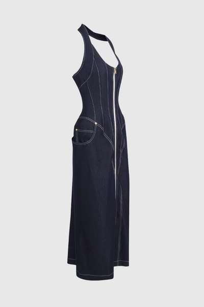Neck Corset Denim Maxi Dress